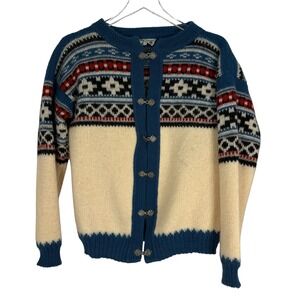 Sandnes Garn Norway Wool Ski Cardigan Sweater Blue Fair Isle Metal Clasp Lg 42